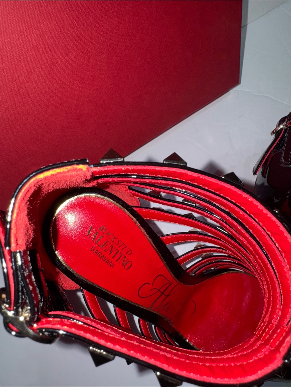 Valentino Garavani Black and Red Rockstud Cage Pointed Toe Stiletto Heels - Picture 8 of 14